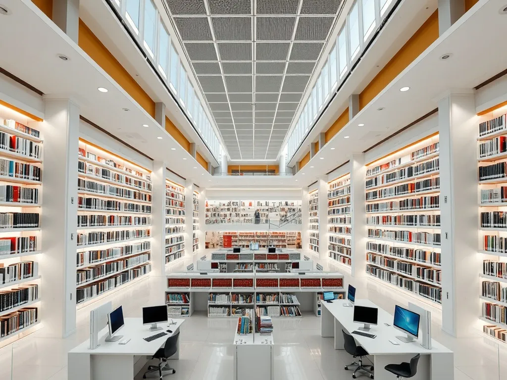 A wide view of a modern library with clean white and gold ac
