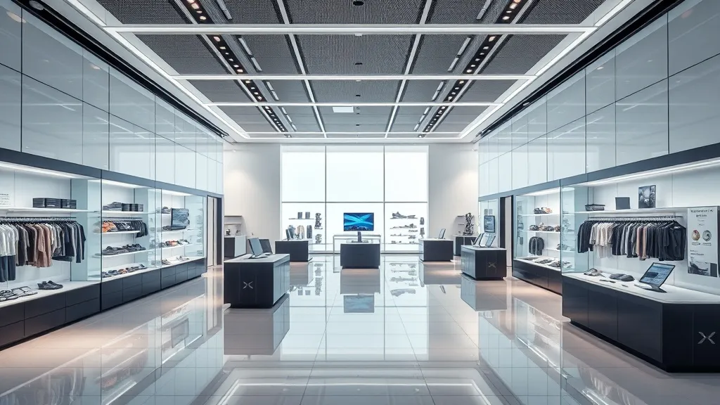 A futuristic, clean retail environment with glass displays a