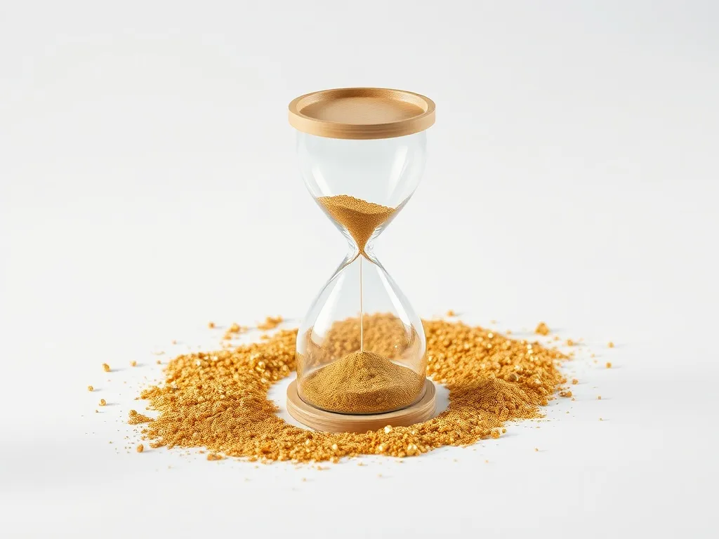 An abstract representation of an hourglass filled with gold